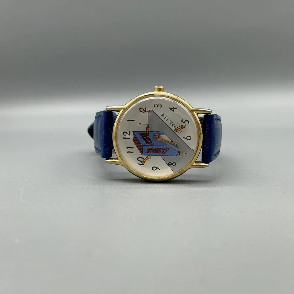 Vintage School Time Womens Watch 28mm Gold Tone Blue Leather Teacher New Battery